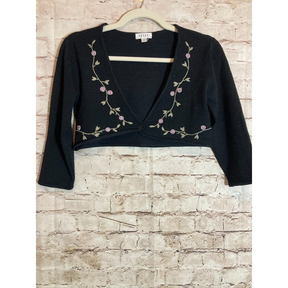 Devan Cropped Sweater Womens Medium Black Floral Embroidered Faux Wrap Cape‎